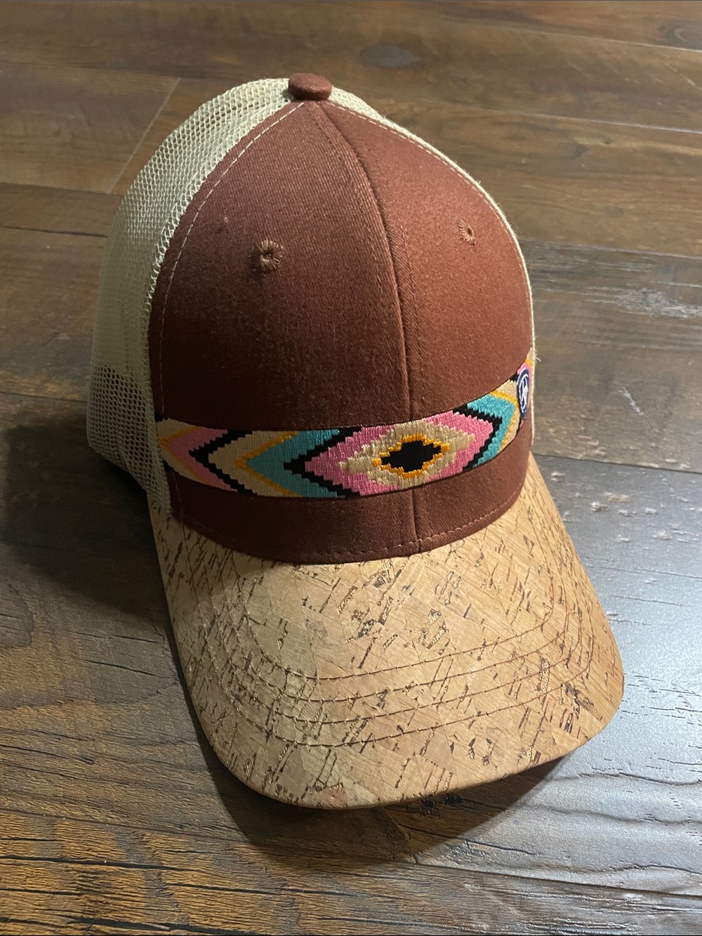Ariat Brown and Cream Mesh Trucker Hat with Multicolor Aztec Band